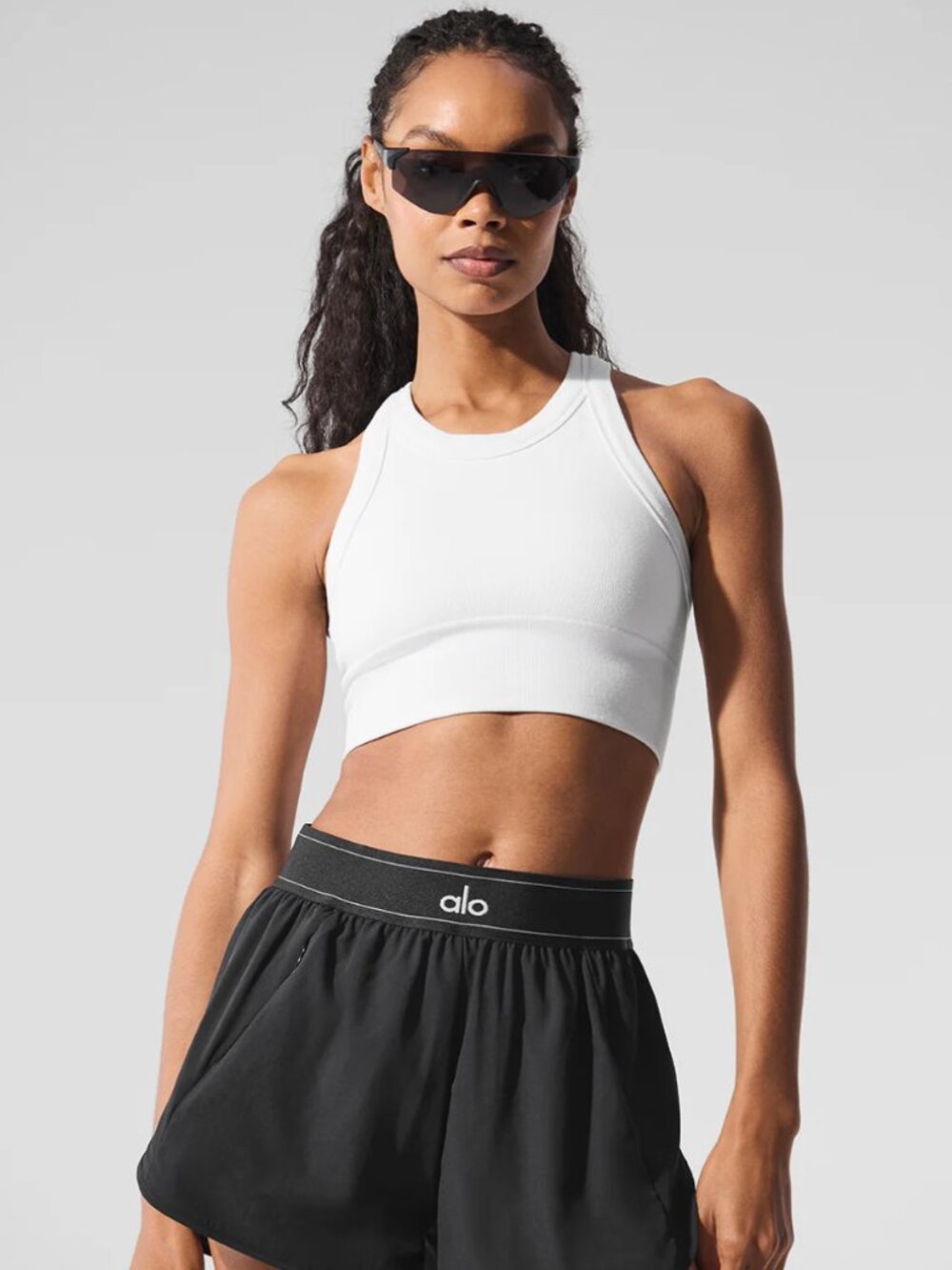 Alo Yoga Seamless Delight Sports Bra Womens M High Neck Ribbed Knit White